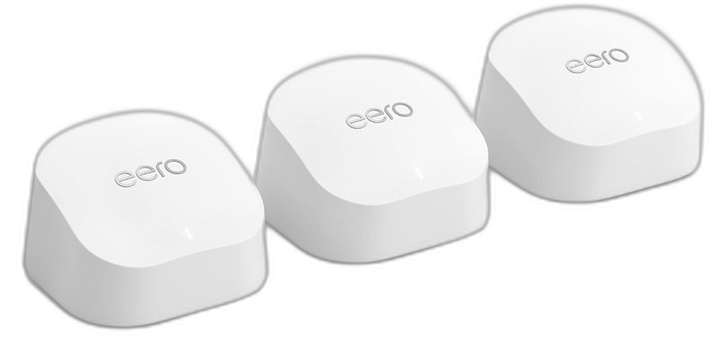 An image render of the Amazon Eero 6 Plus Mesh Wi-Fi System 3-Pack.