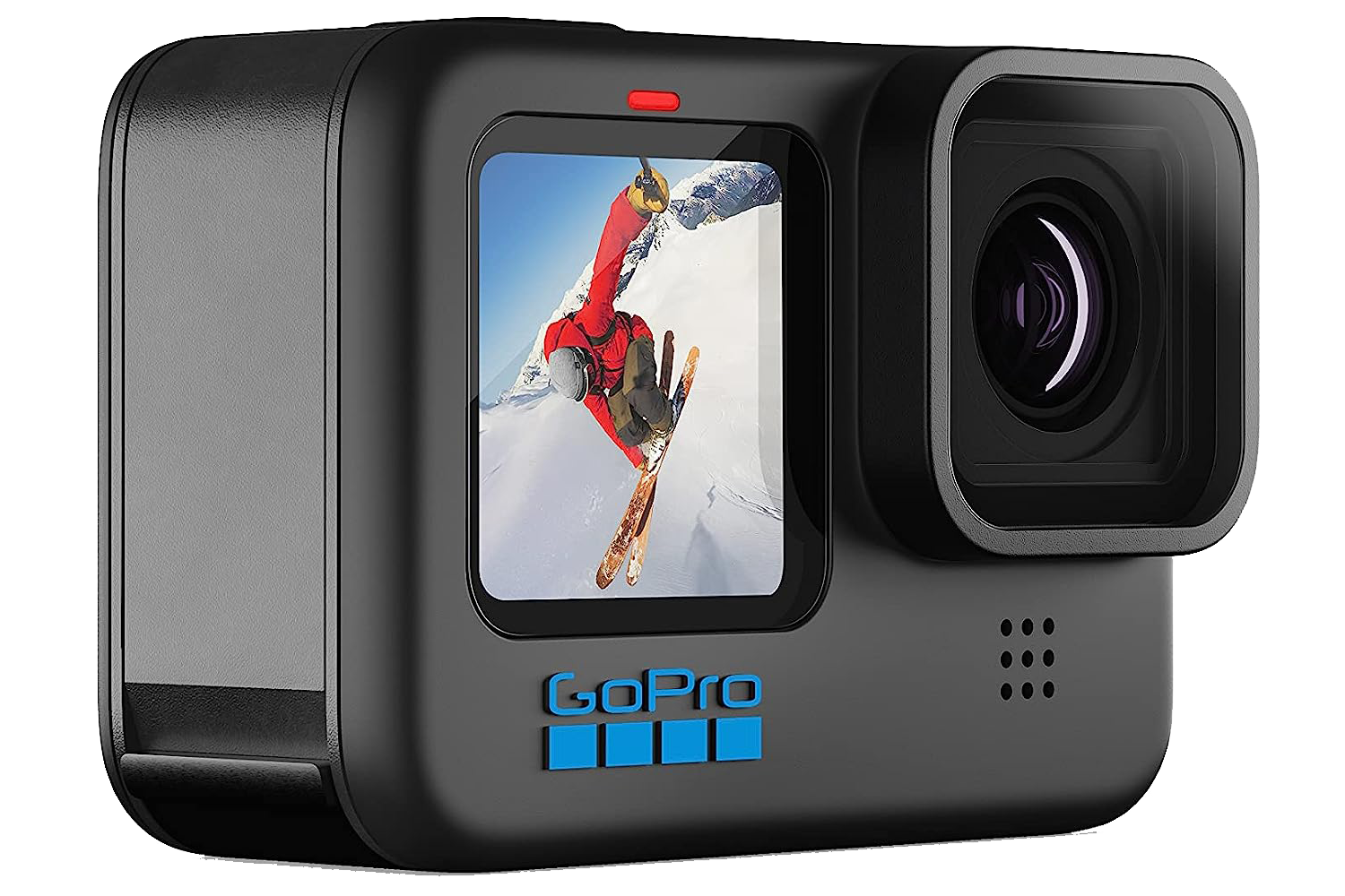An angled shot of the GoPro HERO10 Black action camera.